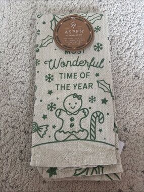 Aspen 'Most Wonderful Time of the Year' Kitchen Towel Green on Natural NWT